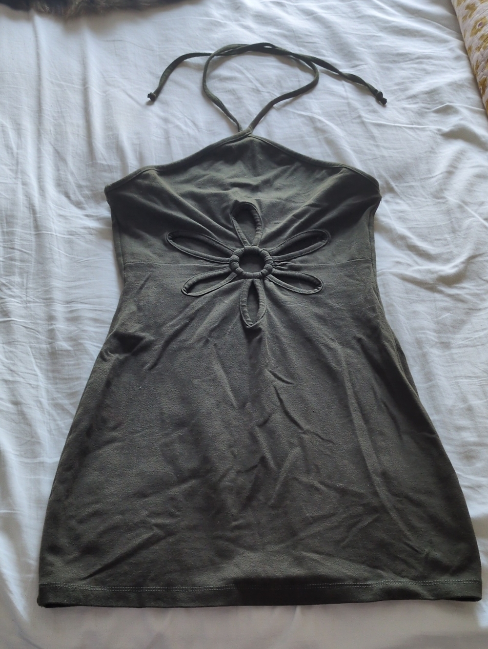 Urban Outfitters Olive Green Halter Flower-Detail Mini Dress